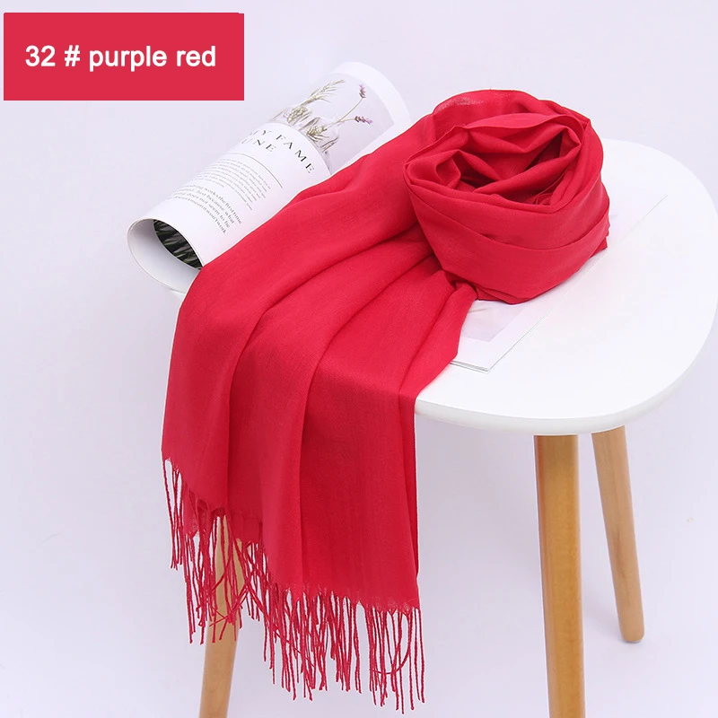 32 purple red Женские однотонные хлопковые шарфы с кисточками, женский зимний тонкий весенний шарф, летняя роскошная женская шаль, теплый шарф для женщин - Цвет: 32 purple red