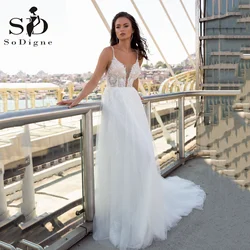 SoDigne 2022 Newest Boho Wedding Dress A-Line Lace Appliques Sequined Backless Beach Wedding Gowns Plus Size Formal Bride Gown