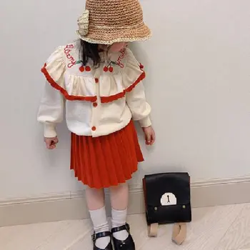 

Girls Set Embroidered Cherry Orange Top Plus Pleated Skirt Autumn New Foreign Trade Children's Clothing 3-8 Yrs Old Kids Cloth