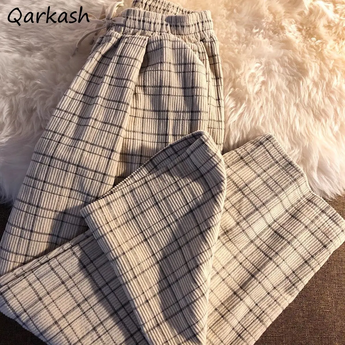 

Casual Pants Women All-match Thick Warm Plaid Straight Student BF Cozy Vacation Harajuku Female Vintage Tender Basic Ulzzang New