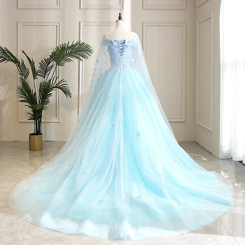 light blue fairy shoulder veil ball gown long dress vintage medieval dress Renaissance princess Victoria dress