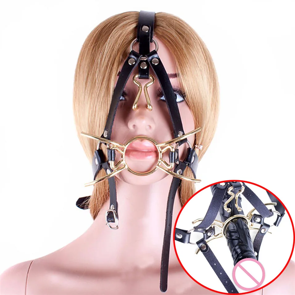 

Metal O Ring Spider Open Mouth Plug And Nose Hook Nose Clip Leather Head Harness Slave Bondage Oral Sex Gag BDSM Game Sex Tools