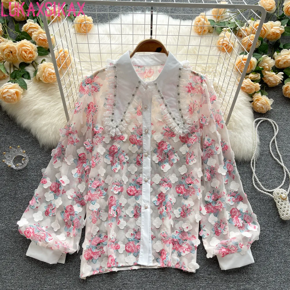 

LUKAXSIKAX New Spring Autumn Women Long Sleeve Loose Blouse High Quality Beading Sweet 3D Flowers Chiffon Shirt
