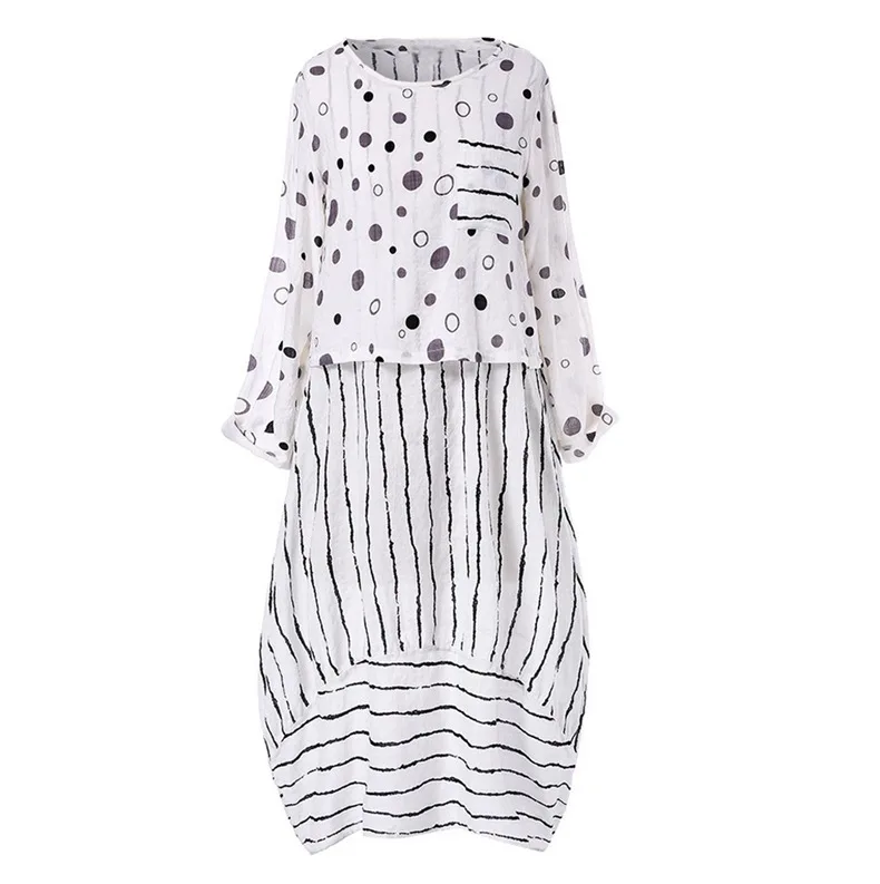 Polka Dot Yellow Dress For Woman Large Loose Fake Two-piece Cotton Linen Dress Summer Plus Size Sundress Female O-Neck Dress