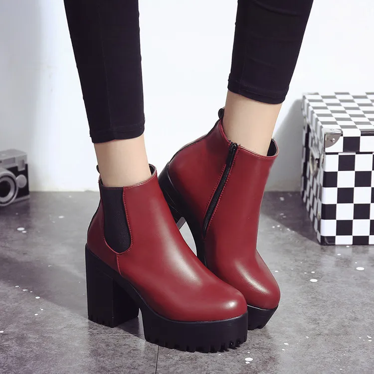 

Ozhouzhan 2018 New Style WOMEN'S Boots round-Toe Waterproof Platform High-Heel Chunky-Heel Martin Short Boots Europe And America