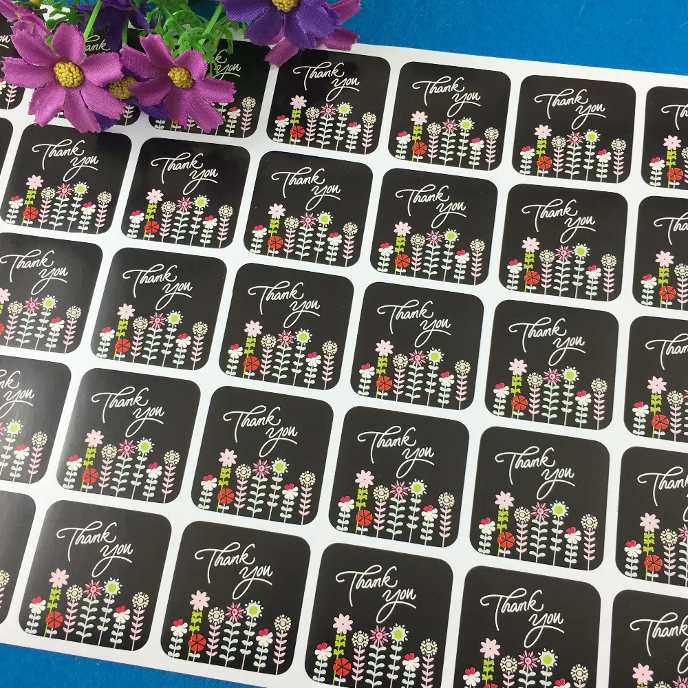 

2000PC/Lot 3.5*3.5cm Black Paper Stickers Labels THANK YOU Add Flowers Customize Adhesive Sealing Label For Gift/Bag/Cup/Box
