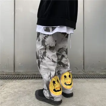 

Men's overalls make old dirty color smiley European and American high street tide brand hip hop loose smoke printed casual pants