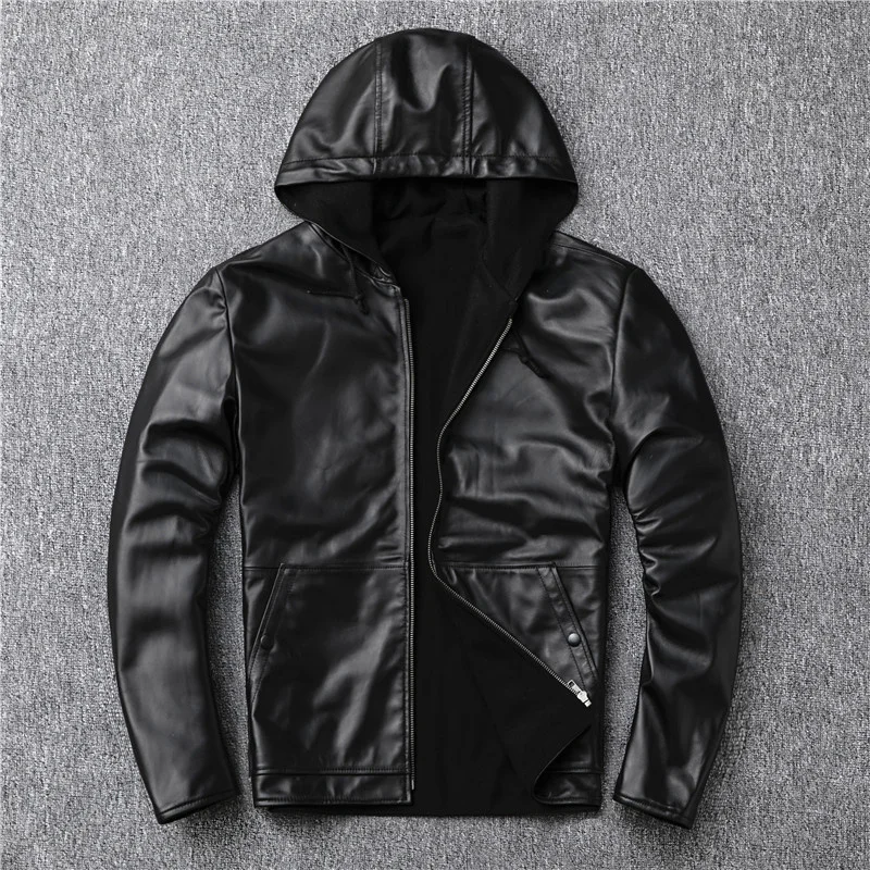 Gu.seemio genuine leather jacket with hooded cap sheep skin loose coat ...