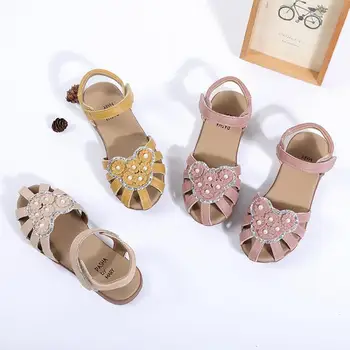 

Summer Children Girls Kids Cute Three Flowers Pearl Sandals School Shoes Hollow Out Breathable Closed Toes Casual Sandal 26-37