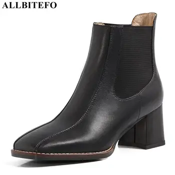 

ALLBITEFO thick heels genuine leather square toe brand high heels casual women boots women high heel shoes autumn ankle boots