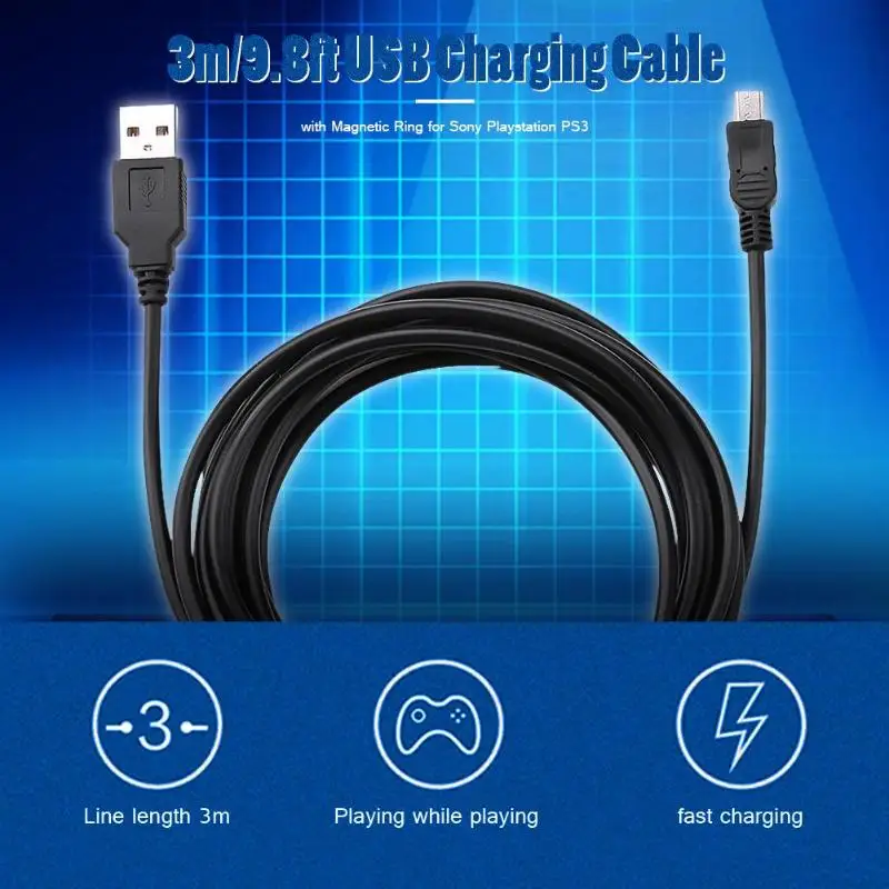 3m/9.8ft зарядка через usb кабель с магнитным кольцом для PS3 Беспроводной контроллер USB Зарядное устройство для sony Playstation PS3 аксессуары
