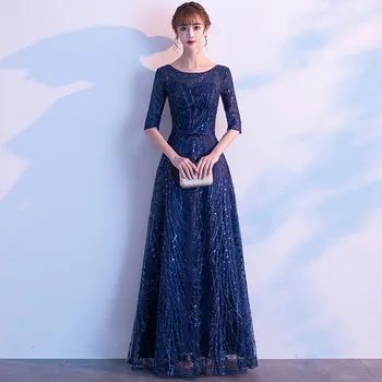 

Navy Blue Perspective Bling Novelty Sexy Female Qiapo Maxi Evening Dress Chinese Prom Dresses Oversize 3XL 4XL Robe De Soiree