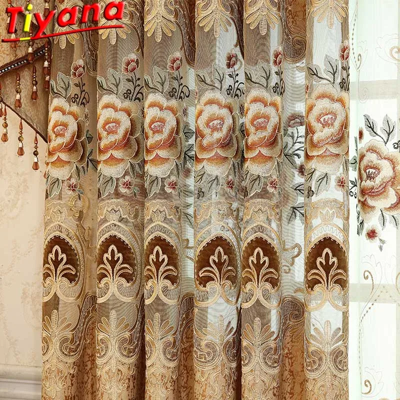 

Luxury Flower Embroidery Tulle Curtains for Living Room Semi Blackout Curtains for Villa Premium Fabric Window Drapes WH076#40