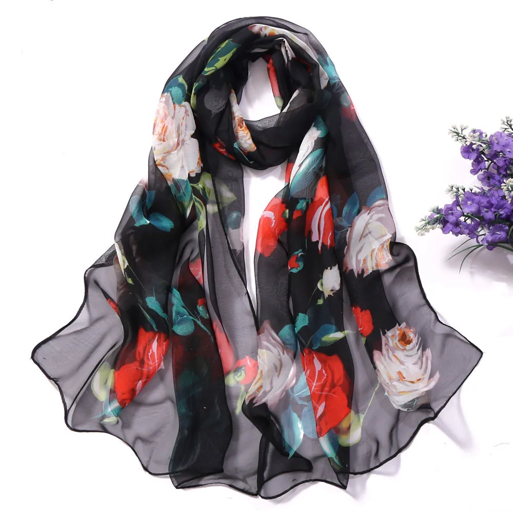 30# Chiffon Florak Print Scarves Silk Scarf Fashion Women Roses Printing Long Soft Wrap Scarf Simulation Silk Shawl Beach Scarf