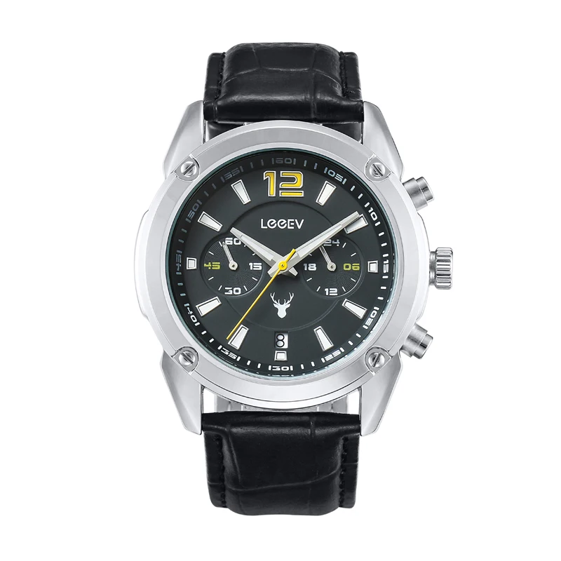 LeeEv мужской спортивный кожаный для часов военный хронограф светящийся Аналоговый кварцевые многофункциональные наручные часы для подарков - Цвет: SWA001D-Silver-Grey