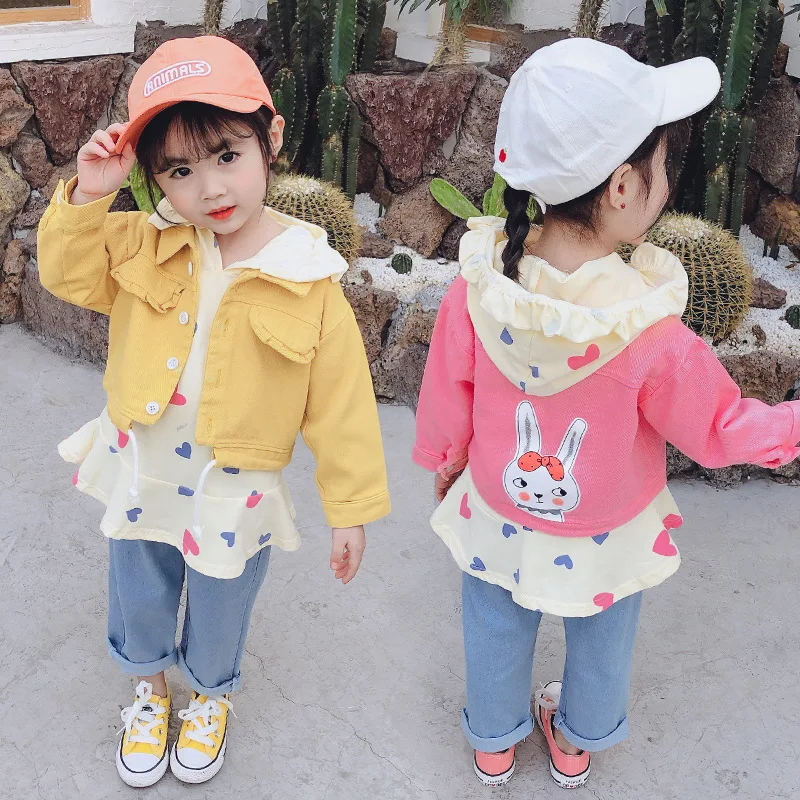 

2020 Children Spring New Style Girls Heart Hoodie Cartoon Rabbit Coat Jeans Three-piece Set