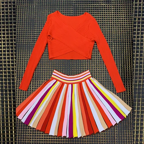 Оранжевый Eelgant Two 2 Pieces Orange Patchwork Long Sleeve Women Bandage Dress Mini Club Runway Vestidos Celebrity Party Wholesale - Цвет: Оранжевый