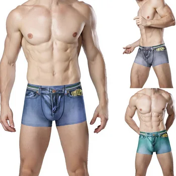 

Hot Sales Men Funny Boxer Underwear Mens Elastic Waist Fake Denim Jeans Underwear Casual Boxers Fashion Male Pockets Underpants