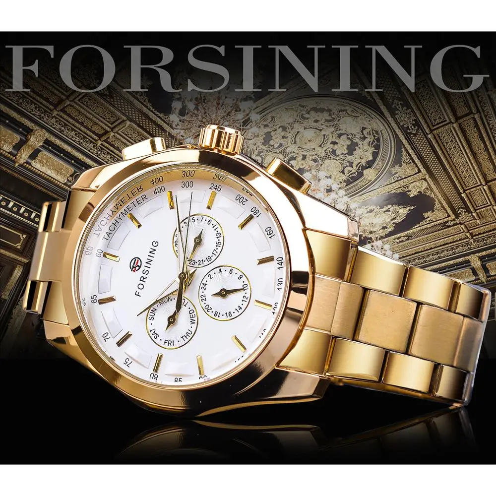 Forsining Mens Mechanical Business Watch Automatic Golden White 3 Sub Dial Date Display Steel Band Gentleman Relojes Para Hombre