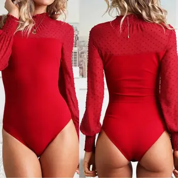 

Sexy Solid Chiffon Turtleneck Skinny Lace Bodysuits Women Spring Autumn Long Sleeve Bodycon Patchwork Bodysuit for Women