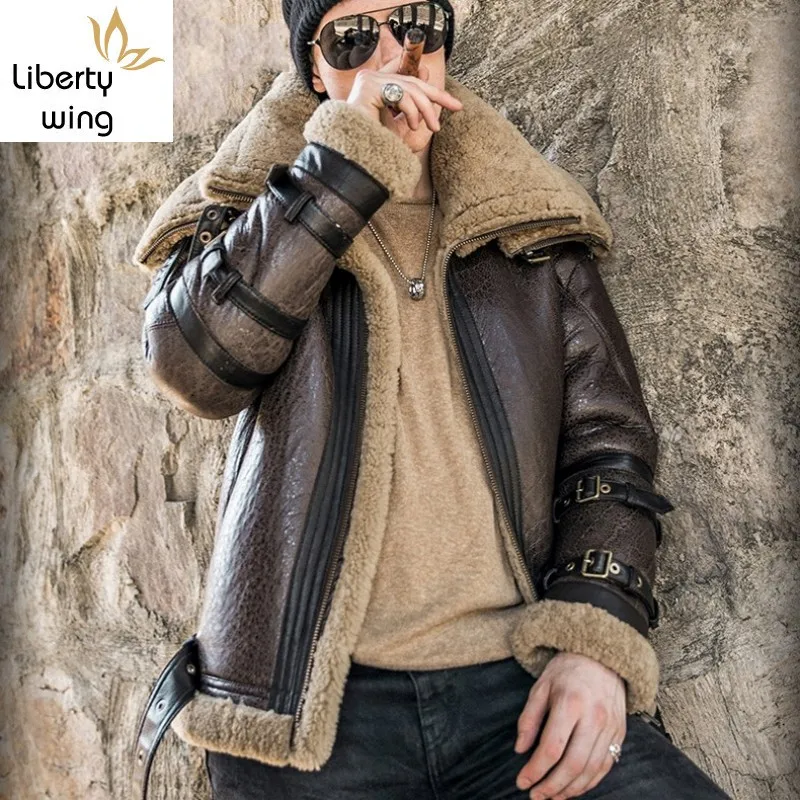 

Italy Luxury Men Winter Shearling Real 6XL Biker Sheepskin Genuine Leather Coat Thick Warm Fur Lining Military Jacket