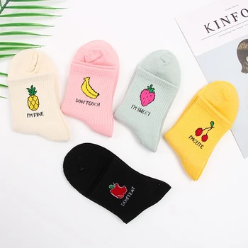 

Candy Color Cute Fruit Women Socks Kawaii Banana/Strawberry/Apple/Pineapple/Cherry Words Women Socks 1 Pair