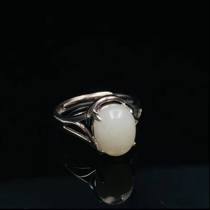 925 пробы Серебряное кольцо из натурального Хотана белого нефрита, короткие модные украшения для женщин, модные ювелирные изделия, очаровательный подарок