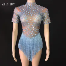 Модный синий кисточкой камни танцевальный комбинезон для женщин певица сексуальный купальник бахрома костюм для праздника наряд вечернее шоу наряд