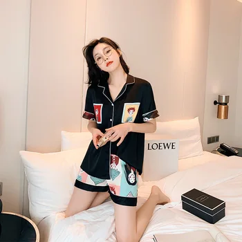 

Women's Faux Silk Pajamas Sets 2 Pieces Short Sleeves Sleepwear Pajamas Suit Shorts for Female Pajamas Lounge