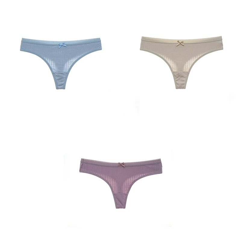 blue grey purple 3 шт., нижнее белье для женщин, трусики, хлопок, полосатый бант, мягкая низкая талия, женские стринги с Т-образным вырезом, стринги, хлопок, новинка года, BANNIROU - Цвет: blue grey purple