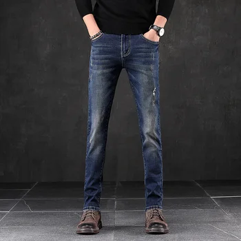 

Spring and autumn blue mens jeans small stretch denim pants high quality jeans men large size 27-36 Retro hole denim trousers