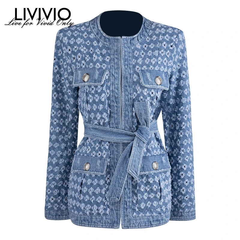 

[LIVIVIO] Streetwear Hollow Out Denim Coat For Women O Neck Long Sleeve Lace Up Pocket Coats Female 2019 Autumn Fashion New