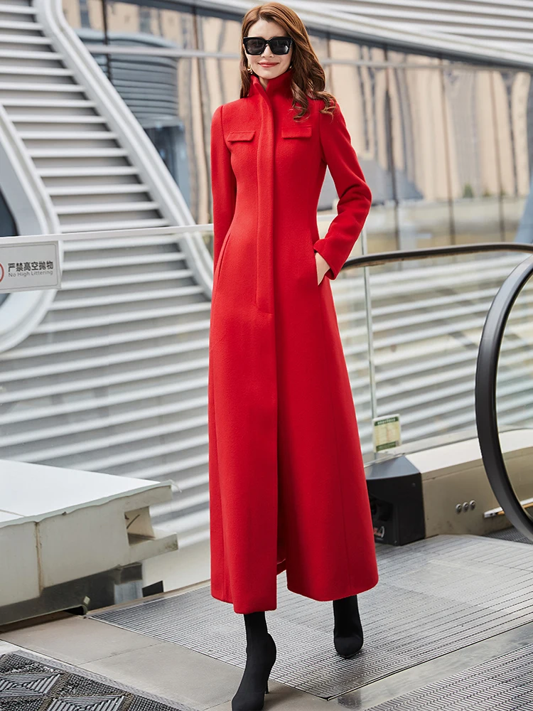 Новое зимнее женское Шерстяное Пальто супер длинное Европейское однотонное красное весеннее женское кашемировое пальто с воротником-стойкой Верхняя одежда Куртка G138