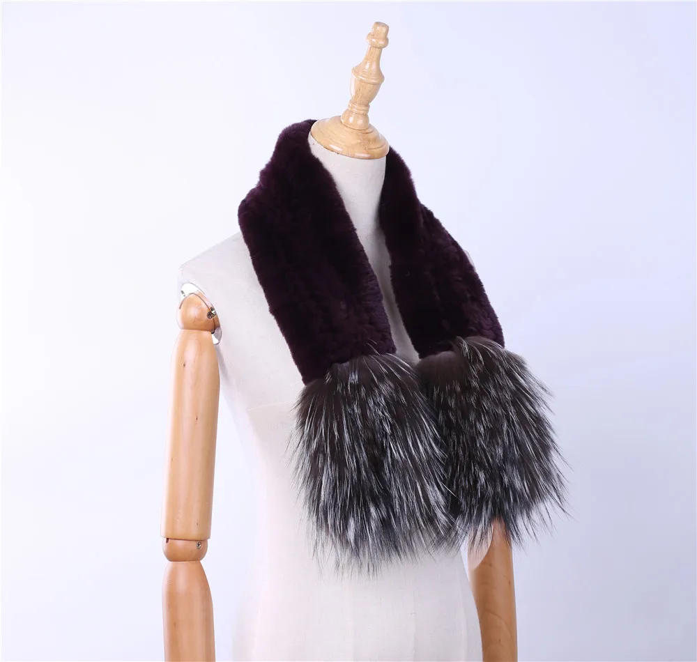 Brand New Genuine Real Rex Rabbit Fur Women's Fashion Fur Scarf Scarves Silver Fox Fur Knitted Wraps Multicolor Winter Warm