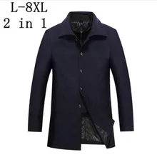 2 в 1, зимнее длинное шерстяное пальто для мужчин, новинка, Мужская уплотненная куртка, бизнес стиль, Casaco Masculino, повседневный Тренч, пальто, размер 6XL 7XL 8XL