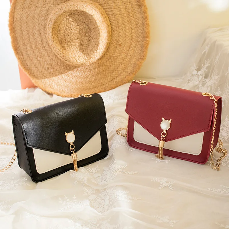 

Woman Crossbody Bags Hit Color Female Bag Cat Ear Tassel Small Square Bag Chain Purse PU Fashion Shoulder Bag