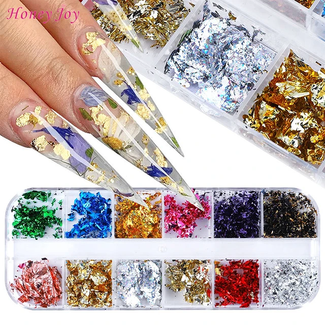 Foil Chip Glitter Pots Manicure Sequins, 3D DIY Gems Nail Art Decoration  Kit, Multicolor Gold Silver Flakes Acrylic Crystals Accessories Set,1 Boxes  