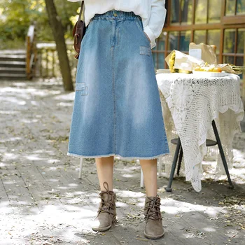 

NINI WONDERLAND 2020 Autumn A- Line Denim Skirt Female Elastic Waist Casual Blue Skirt For Women Patchwork Vintage Midi Skirts