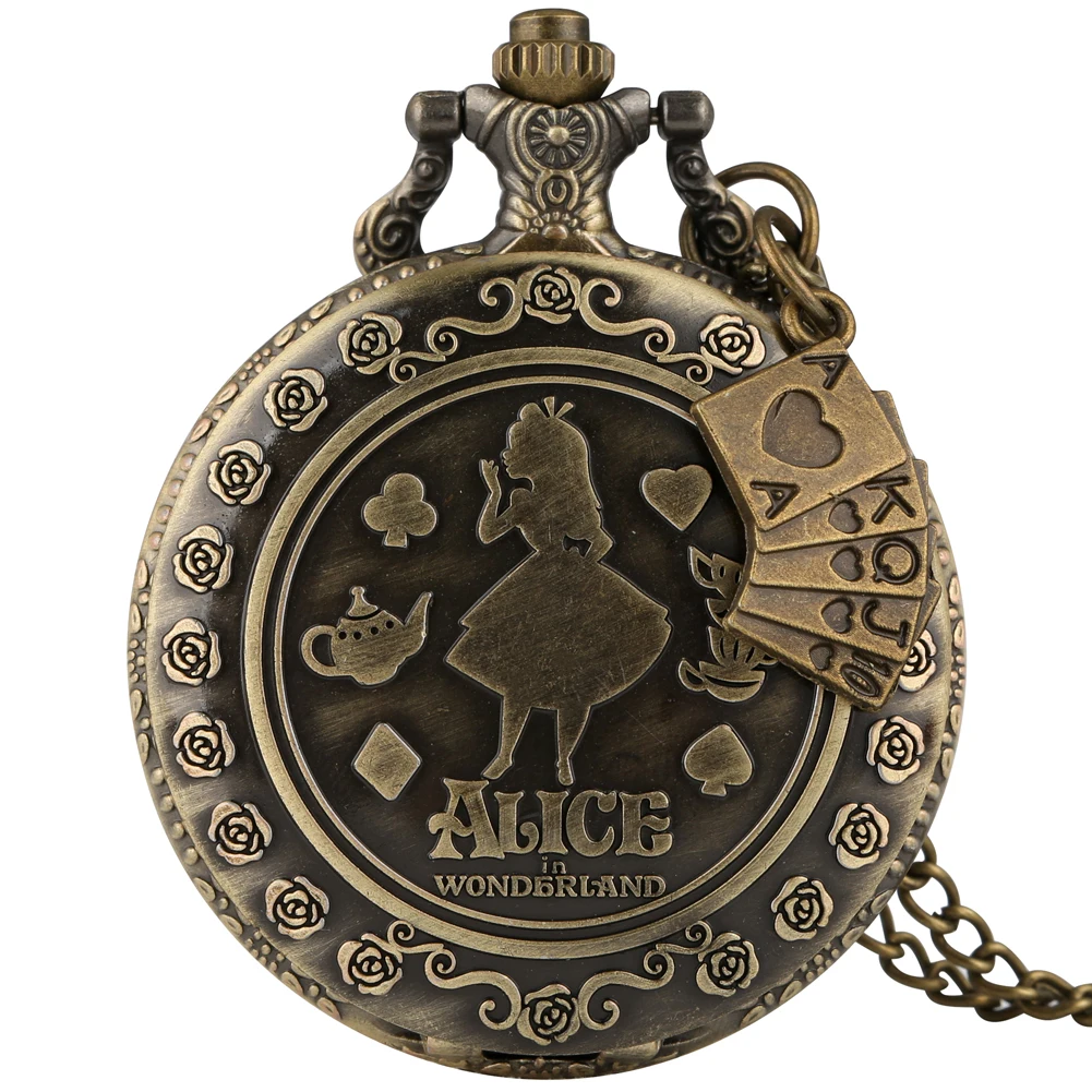 Bronze Alice In Wonderland Quartz Pocket Watch with Nice Accessory Casual Arabic Number Steampunk Clock Necklace Pendant Watches