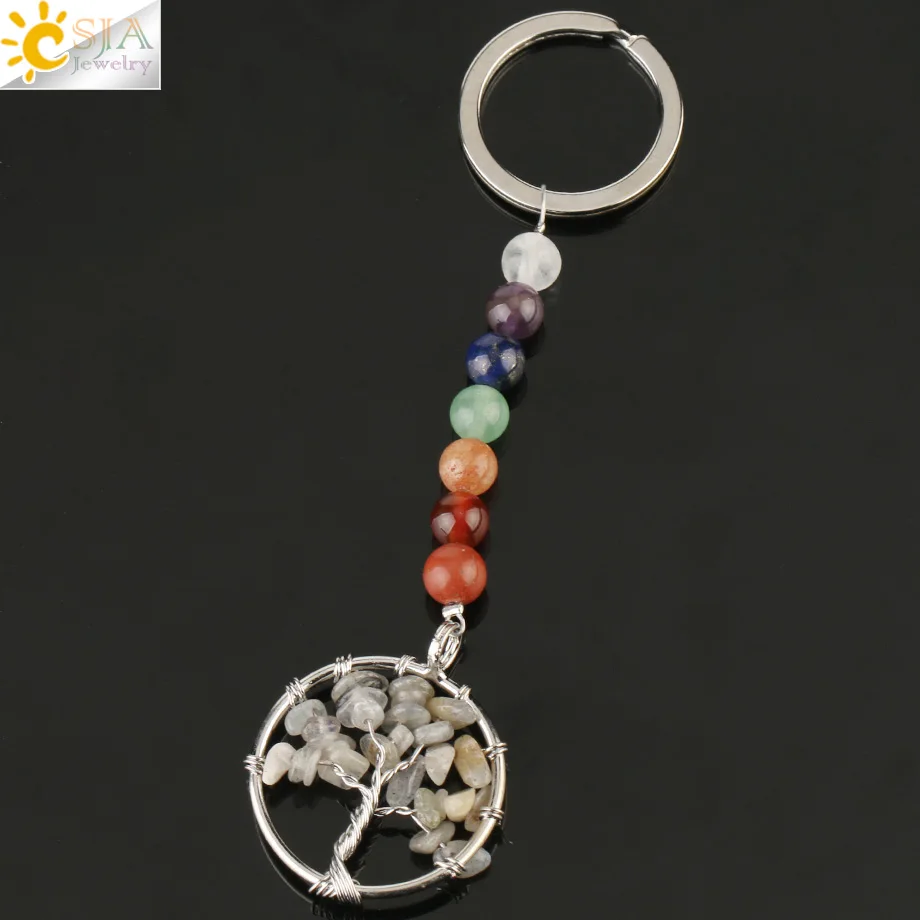 Labradorite CSJA натуральный камень 7 Чакра брелок энергетическая Йога рейки Древо жизни кулон держатель для ключей для женщин Аксессуары Ювелирные изделия Подарки G312 - Цвет: Labradorite