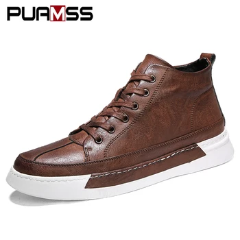 

2019 Autumn And Winter Casual Leather Flat Shoes Lace-up High Top Male Sneakers Men Anti-Skidding Flat Shoes Soft Comfortable