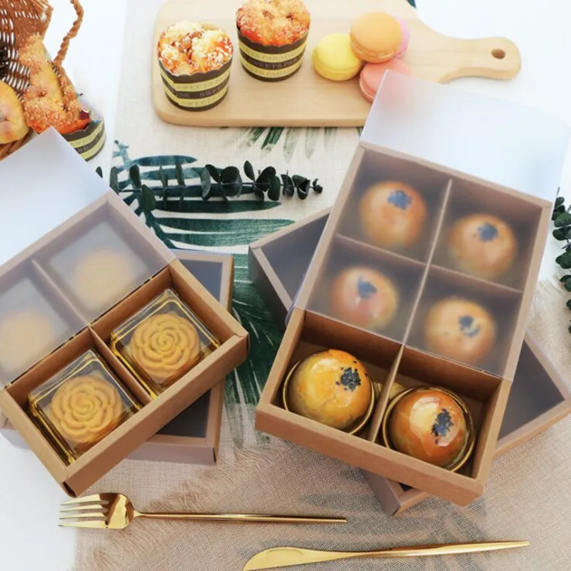 

New diy window cake box two size Mid-Autumn moon cake packing box yolk crisp ice skin moon cake 4 grains 6 pack kraft paper