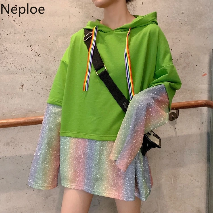 

Neploe Fashion Patch Hoodie Changing Color Bright Silk Long Sleeve Sweatshirt 2019 Autumn Hooded Drawstring Women Pullover 54139