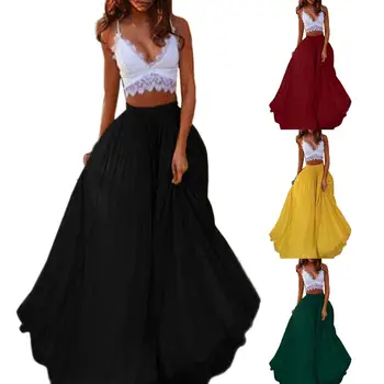 

2020 Spring Skirts Fashion Women Solid Color Chiffon Elastic Waist Party Double Swing Long Skirt Evening Jupe Femme New
