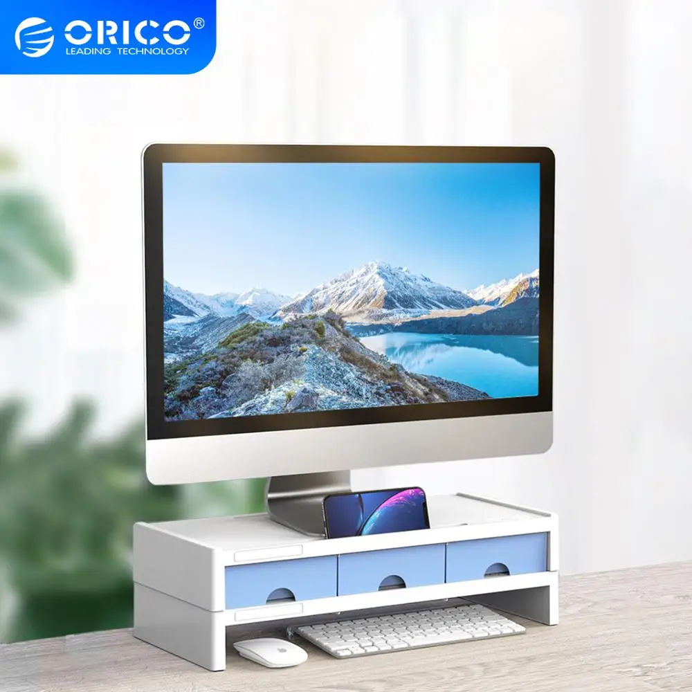 Computer Monitor Riser TV Stand Desktop Laptop Stands Bamboo Organizer Shelves A 