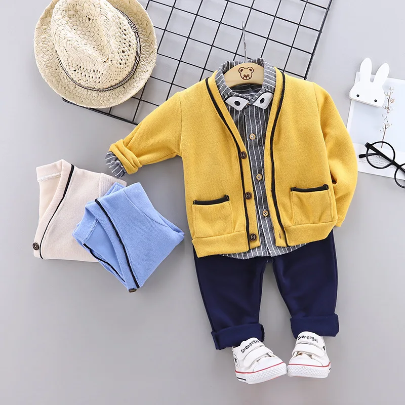 

2019 New Style Autumn Clothing Fashion Korean-style Cardigan Suit Children Baby Solid Color Striped Shirt Cardigan Three-piece S