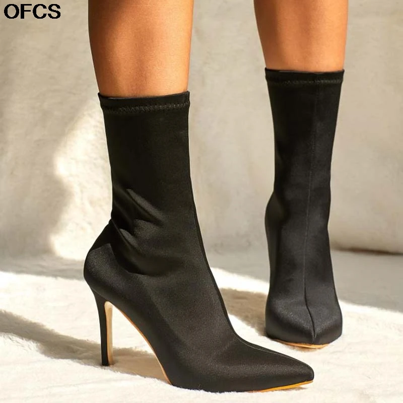 2020 de tacón botas de mujer botas puntiagudas Stretch tela botas media  pantorrilla mujeres calcetín zapatos de otoño zapatos de mujer tamaño 35 42  albaricoque negro|Botas hasta el tobillo| - AliExpress