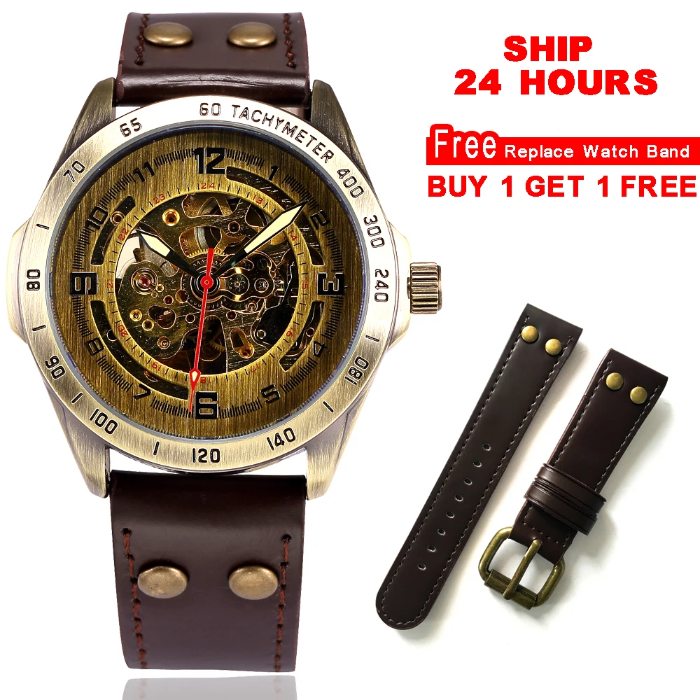 $19.2 Automatic Watch Men Skeleton Mechanical Watch Steampunk Vintage Bronze Leather Transparent Watches