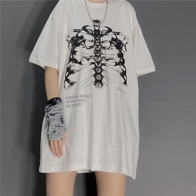 Dark Skull Bones Heart and Lung Print Funny Skull T shirt Ladies Punk Top Summer Short