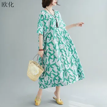

Plus Size 4XL 5XL 6XL Boho Dresses For Women Oversize 2020 Summer Cotton Linen Long Maxi Dress Print Leaves Beach Dress Vestidos